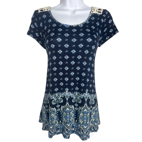 Maurice's Tops - Maurice’s Women’s Blue Baby Doll Top Paisley Beige Lace Accents Size S